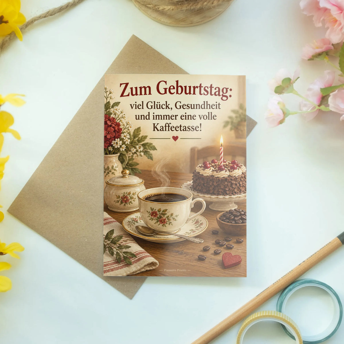 Gemütliche Geburtstagskarte für Kaffeeliebhaber mit Kuchen