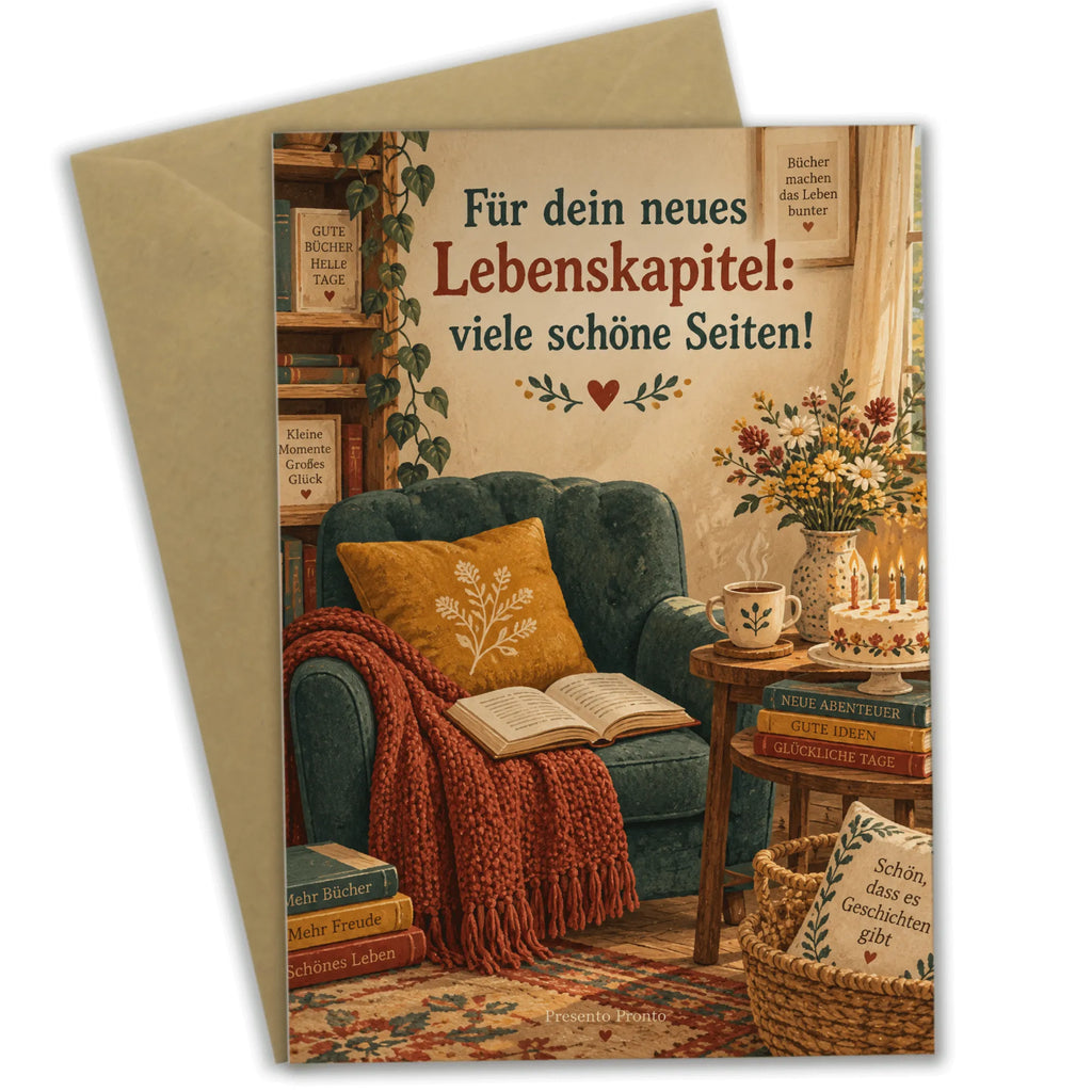Gemütliche Geburtstagskarte für Leser mit Sessel und Kuchen|p:2021714|h:c98957f5cf5d3a3e19a73839f0d2d7f0