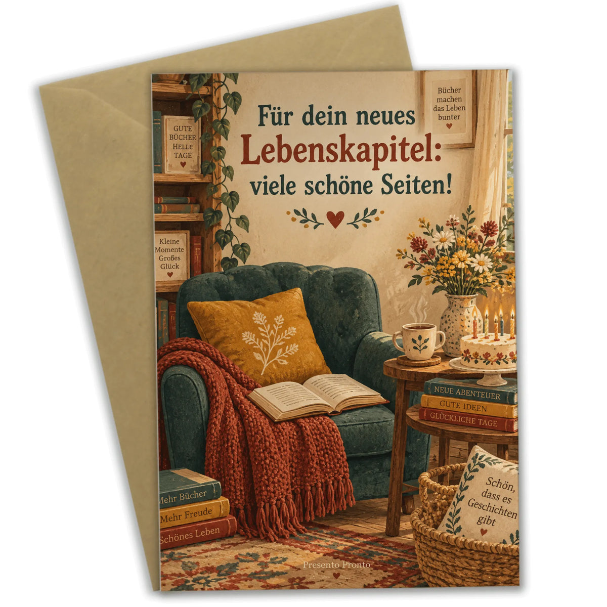 Gemütliche Geburtstagskarte für Leser mit Sessel und Kuchen