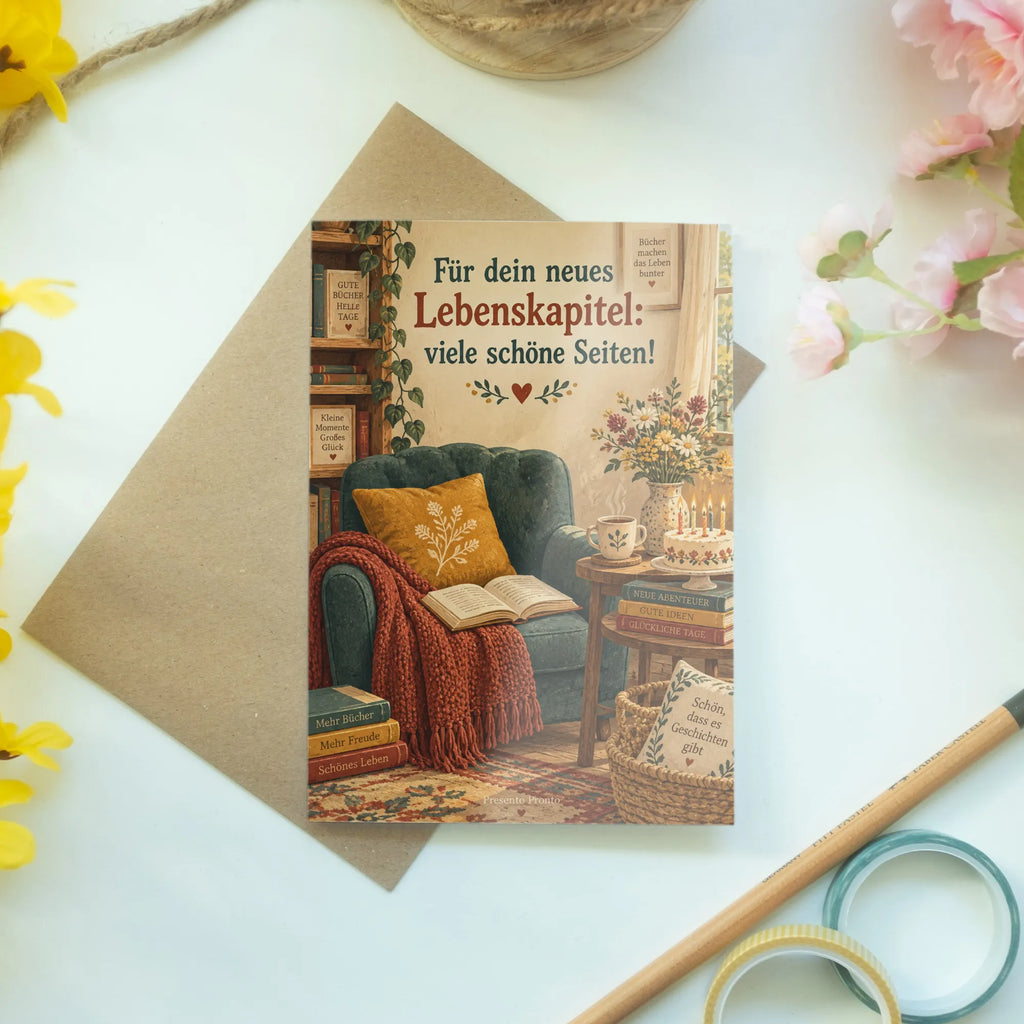 Gemütliche Geburtstagskarte für Leser mit Sessel und Kuchen|p:2021714|h:d67f870a51d29a29d76cfa5d5c4a3e1d