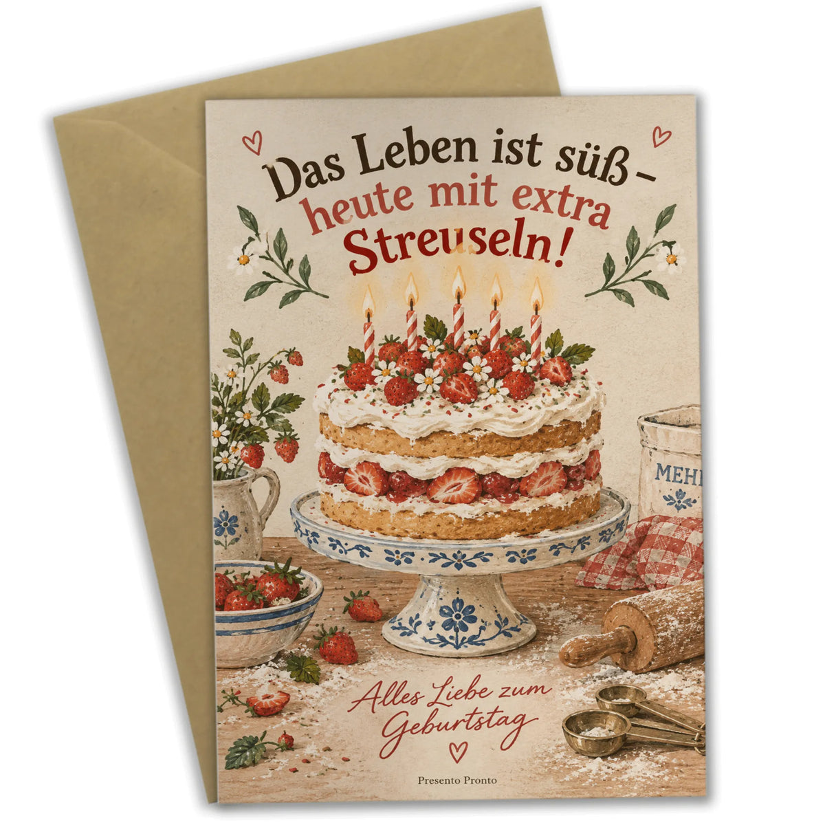 Süße Geburtstagskarte für Hobbybäcker mit Erdbeerkuchen