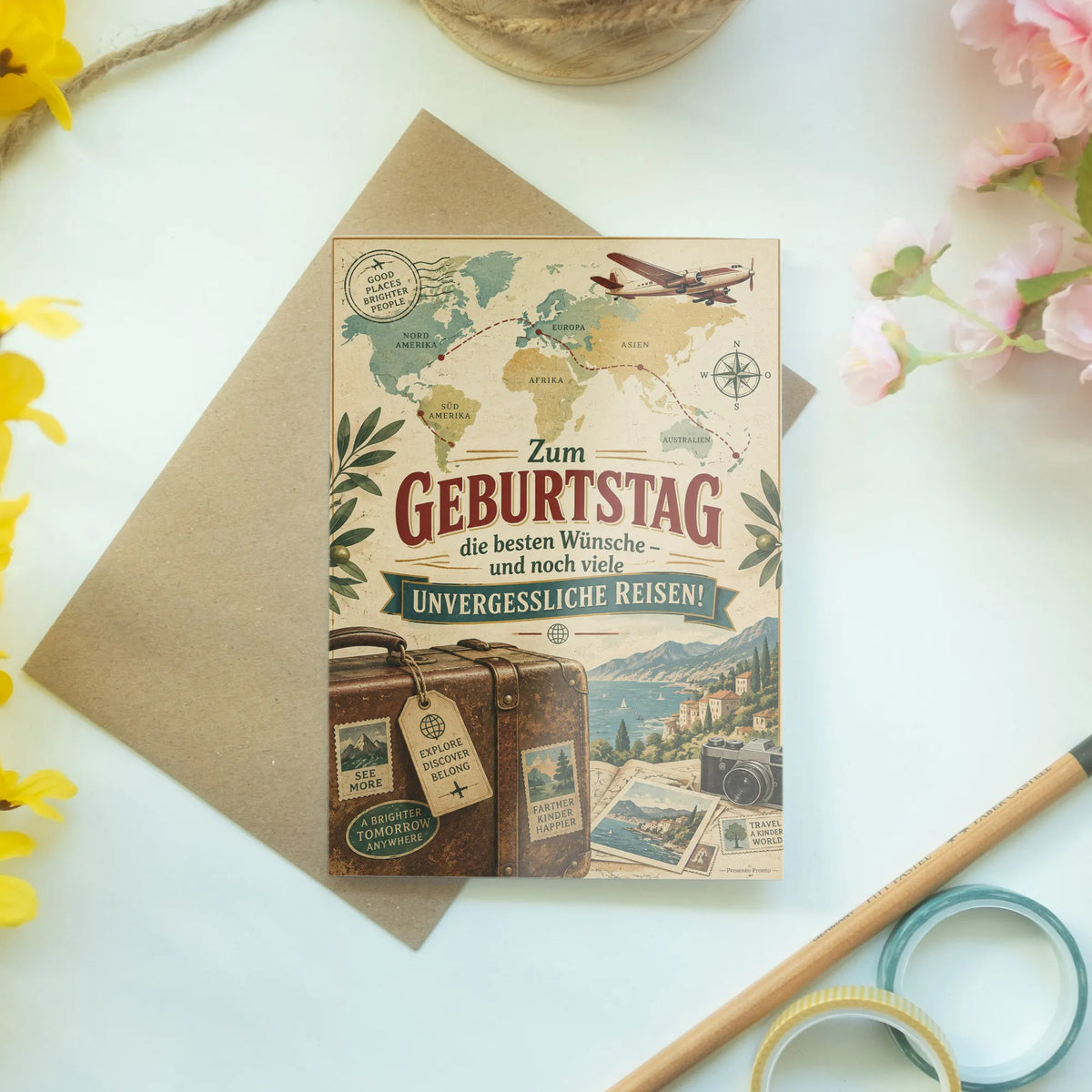 Herzliche Geburtstagskarte für Reisende mit Vintage-Weltkarte