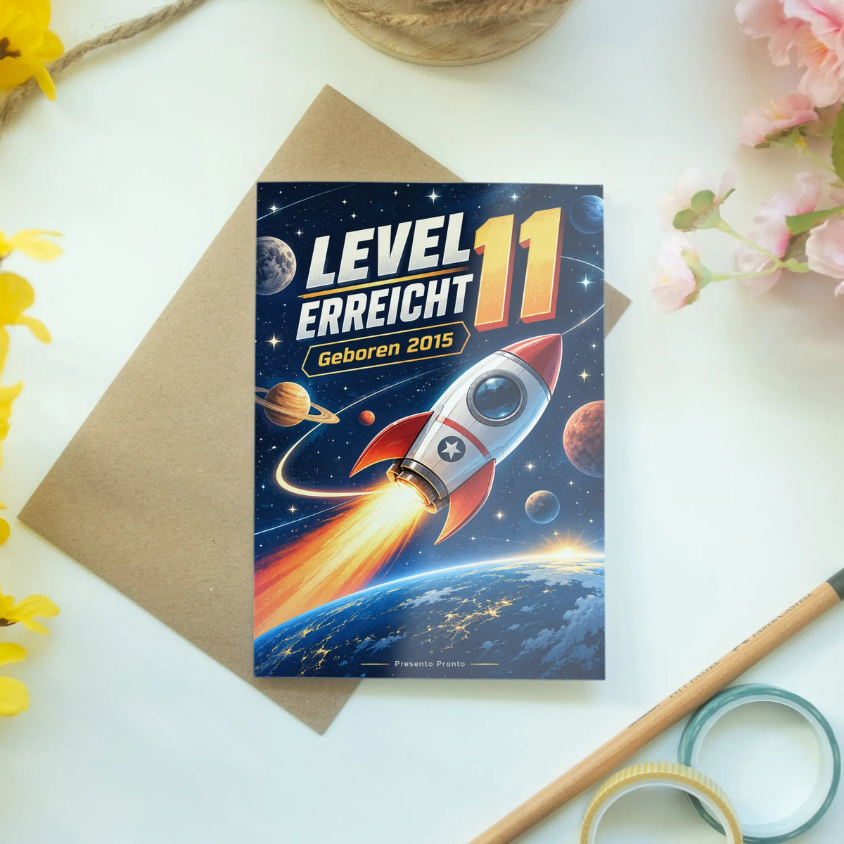 Coole Geburtstagskarte zum 11. Geburtstag für Jahrgang 2015 mit Rakete