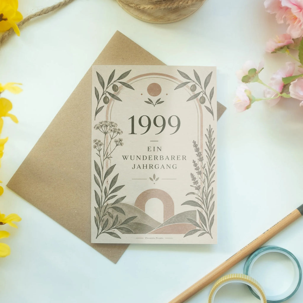 Elegante Geburtstagskarte für Jahrgang 1999 mit botanischen Zweigen|p:2021731|h:690b01c391e3a6b0ce2a83e6157ac3ff