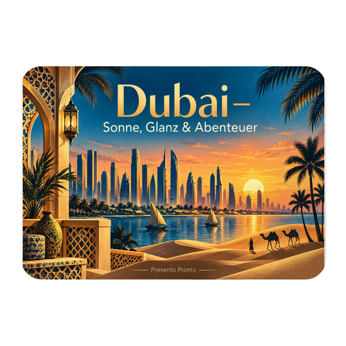 Sonniger Magnet für Dubai-Fans mit Skyline bei Sonnenuntergang