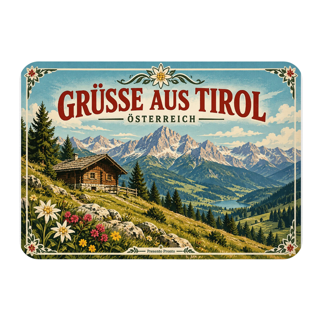 Nostalgischer Kühlschrankmagnet Österreich Tirol Souvenir Bergpanorama|p:2021771|h:416053bd2a88b8ee168ea5071847a8f5
