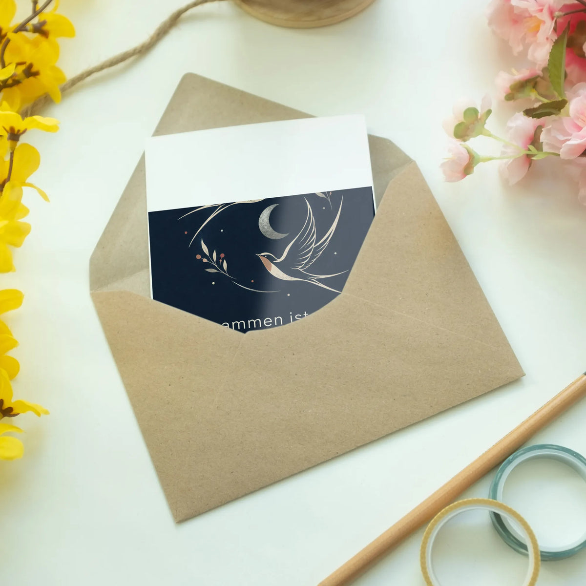 Elegante Karte zur Silberhochzeit mit Schwalben
