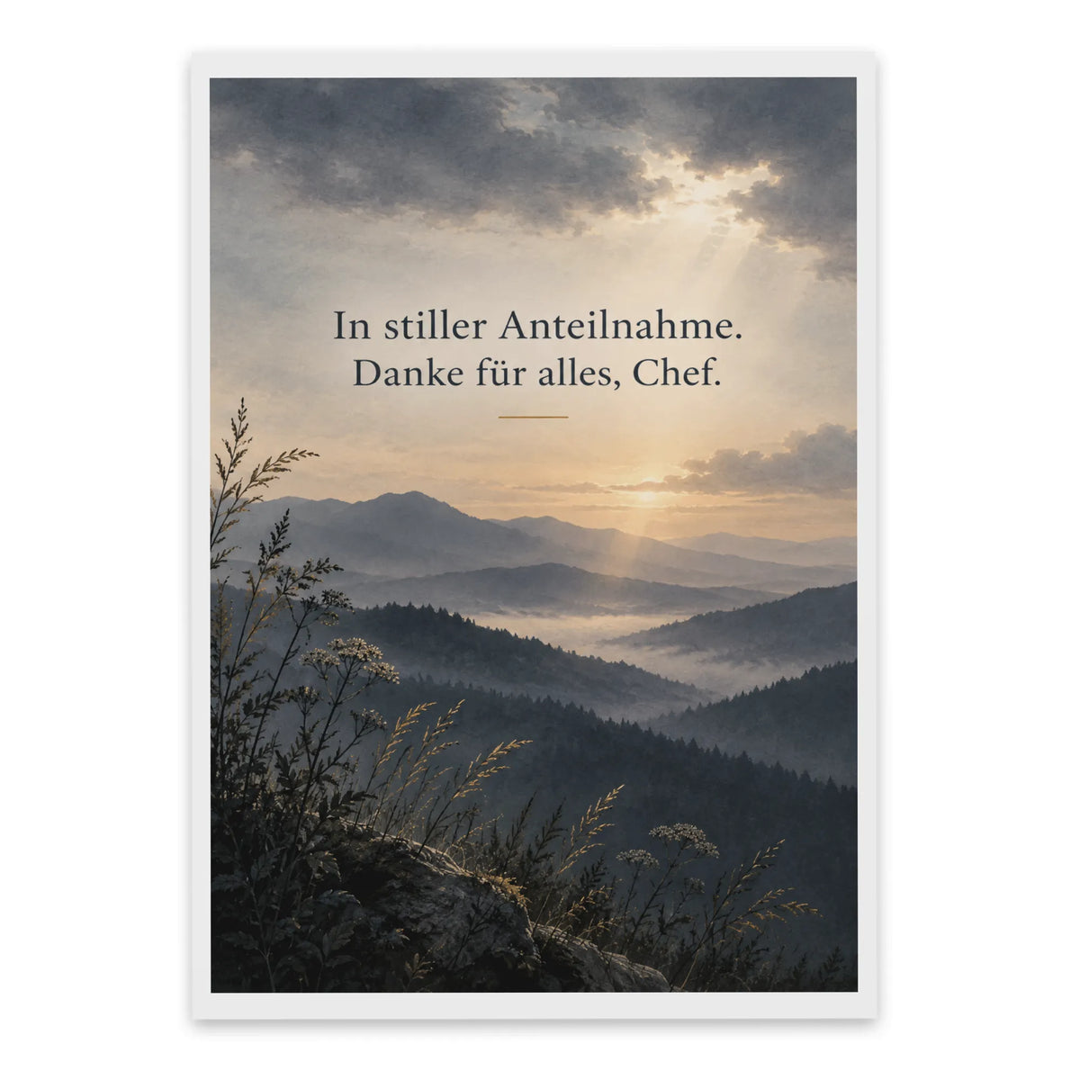 Würdevolle Trauerkarte für den Chef mit Berglandschaft