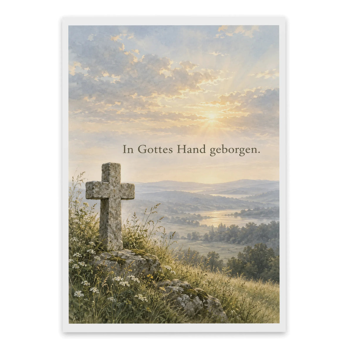 Tröstliche christliche Trauerkarte mit Kreuz in Landschaft