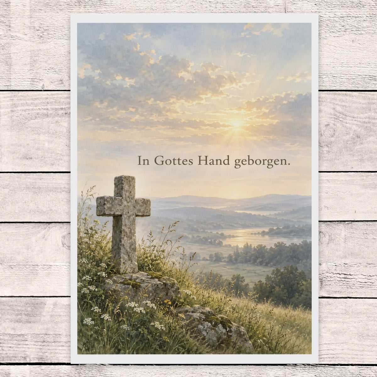Tröstliche christliche Trauerkarte mit Kreuz in Landschaft