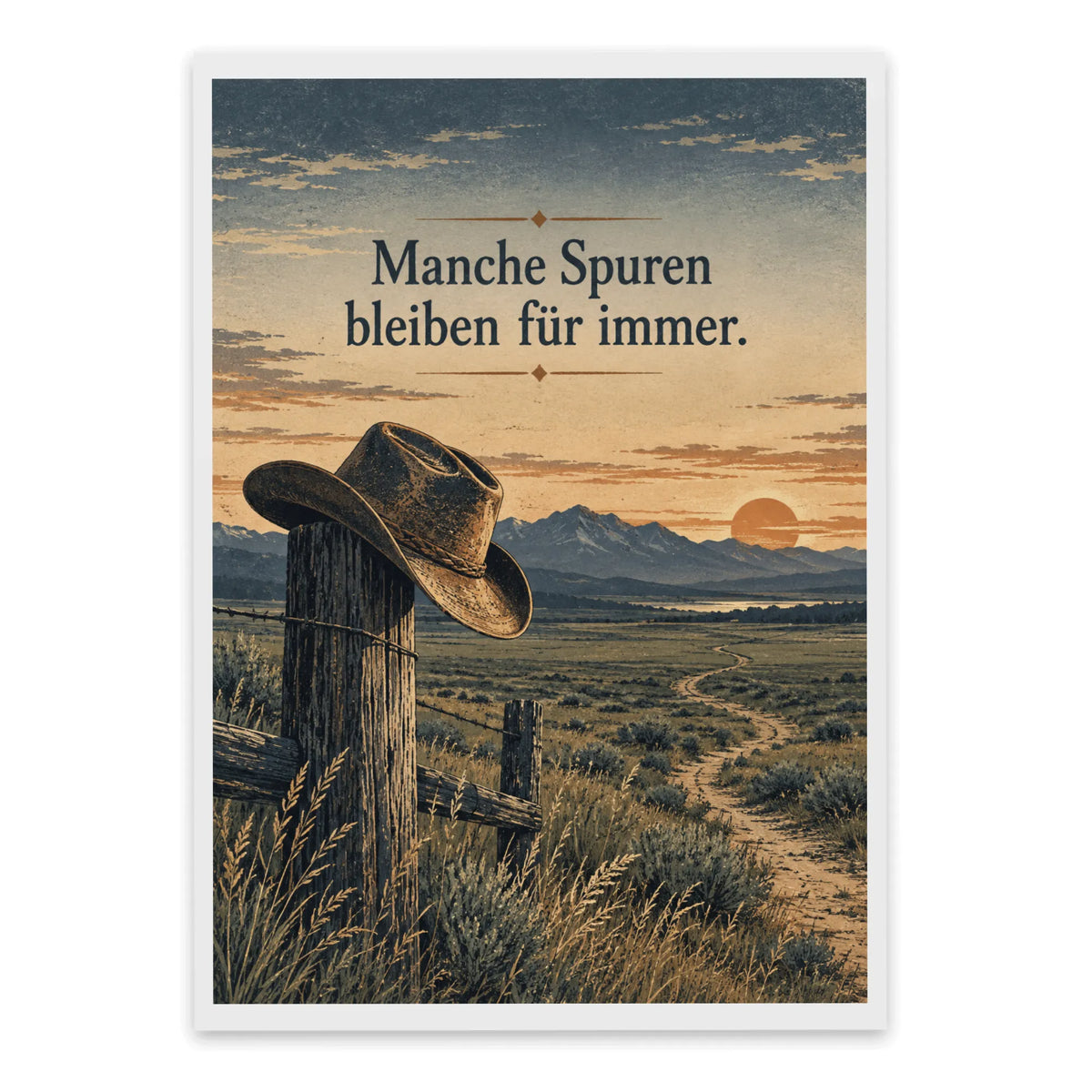 Würdevolle Trauerkarte für Cowboy mit Hut am Zaunpfosten