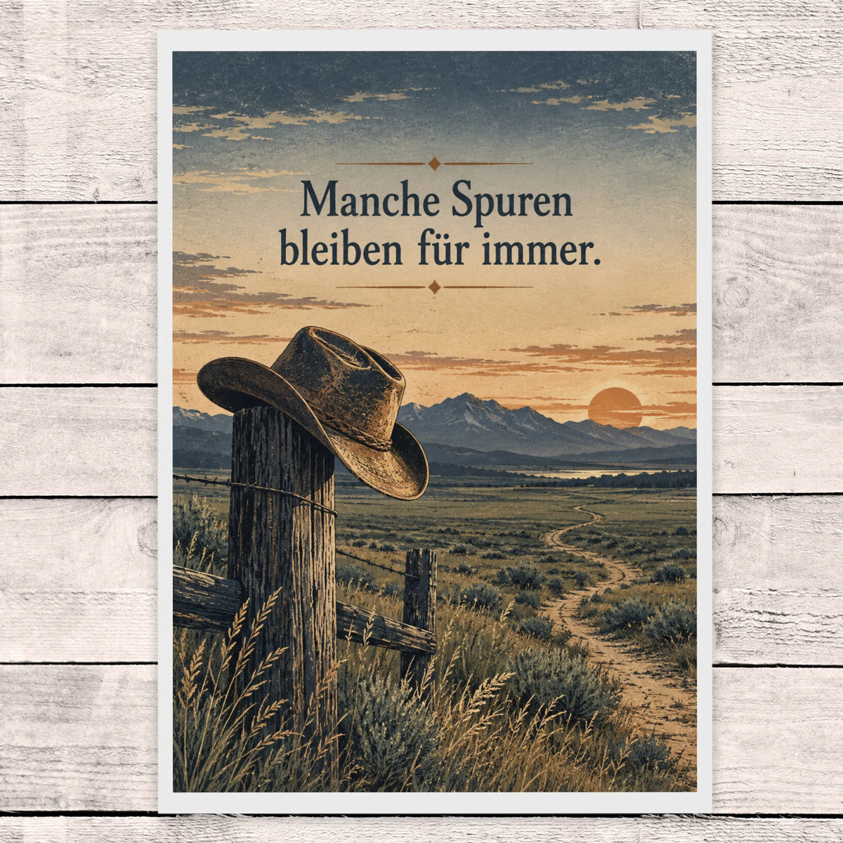 Würdevolle Trauerkarte für Cowboy mit Hut am Zaunpfosten