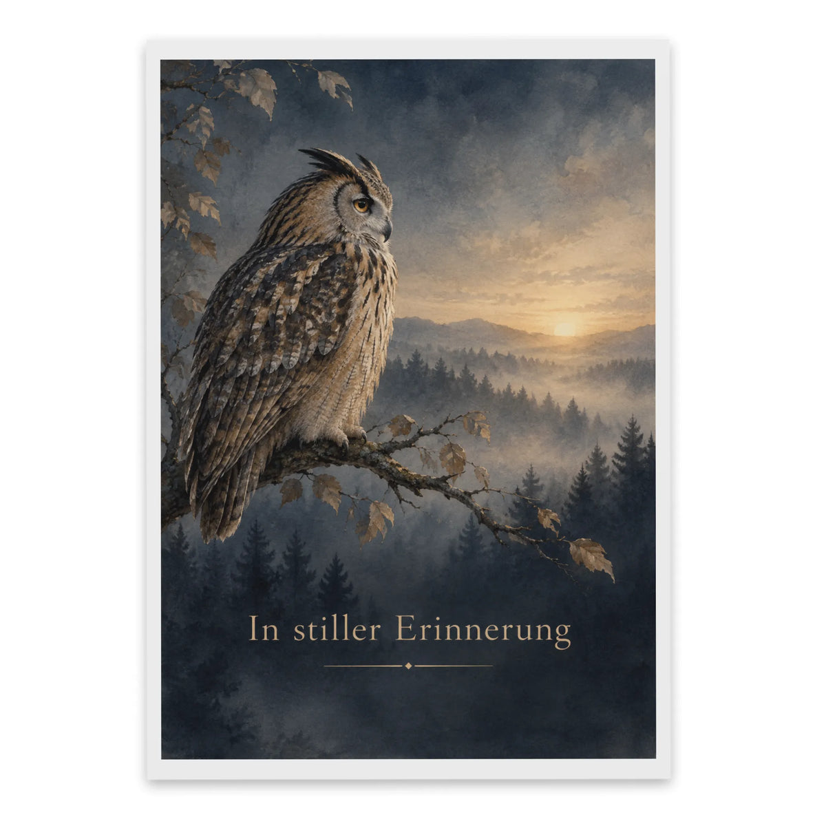 Würdevolle Trauerkarte mit Eule auf Ast