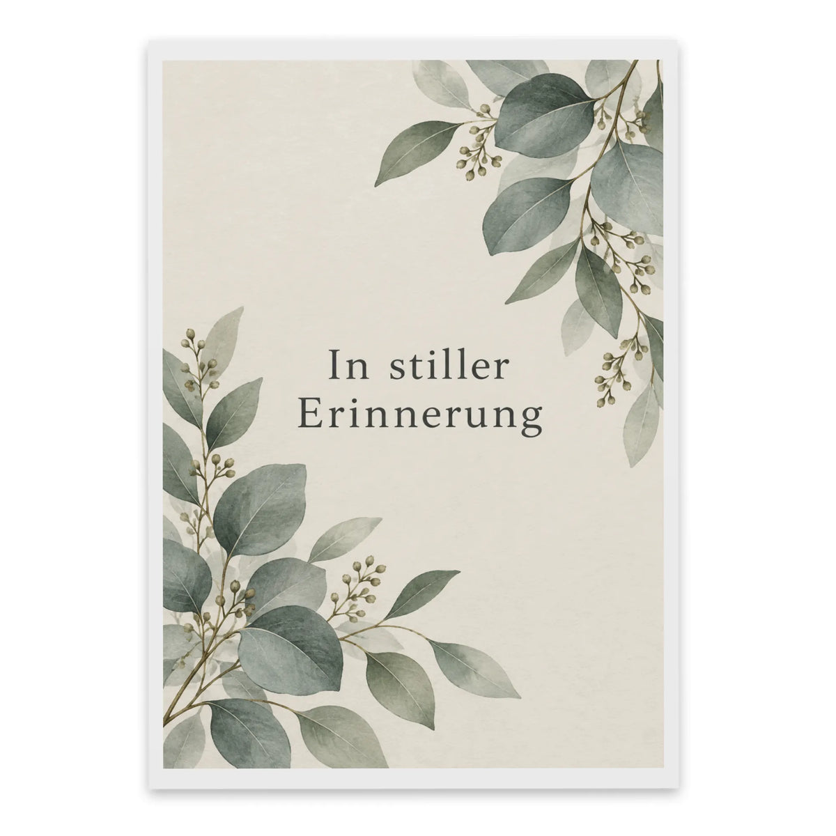 Würdevolle Trauerkarte mit Eukalyptus in stiller Erinnerung