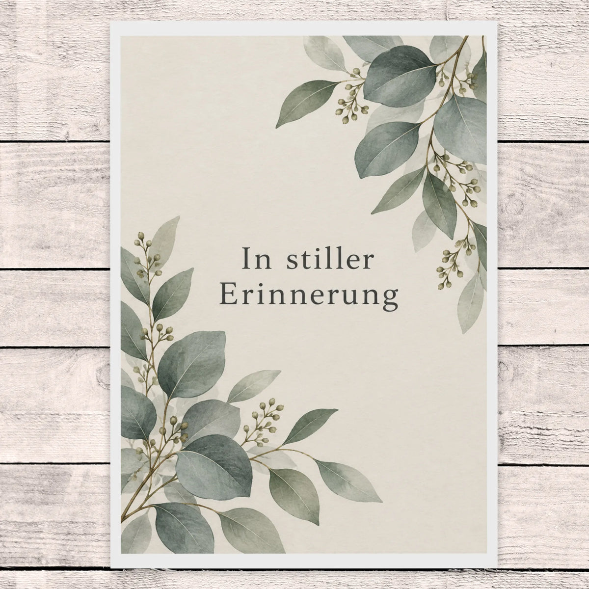 Würdevolle Trauerkarte mit Eukalyptus in stiller Erinnerung