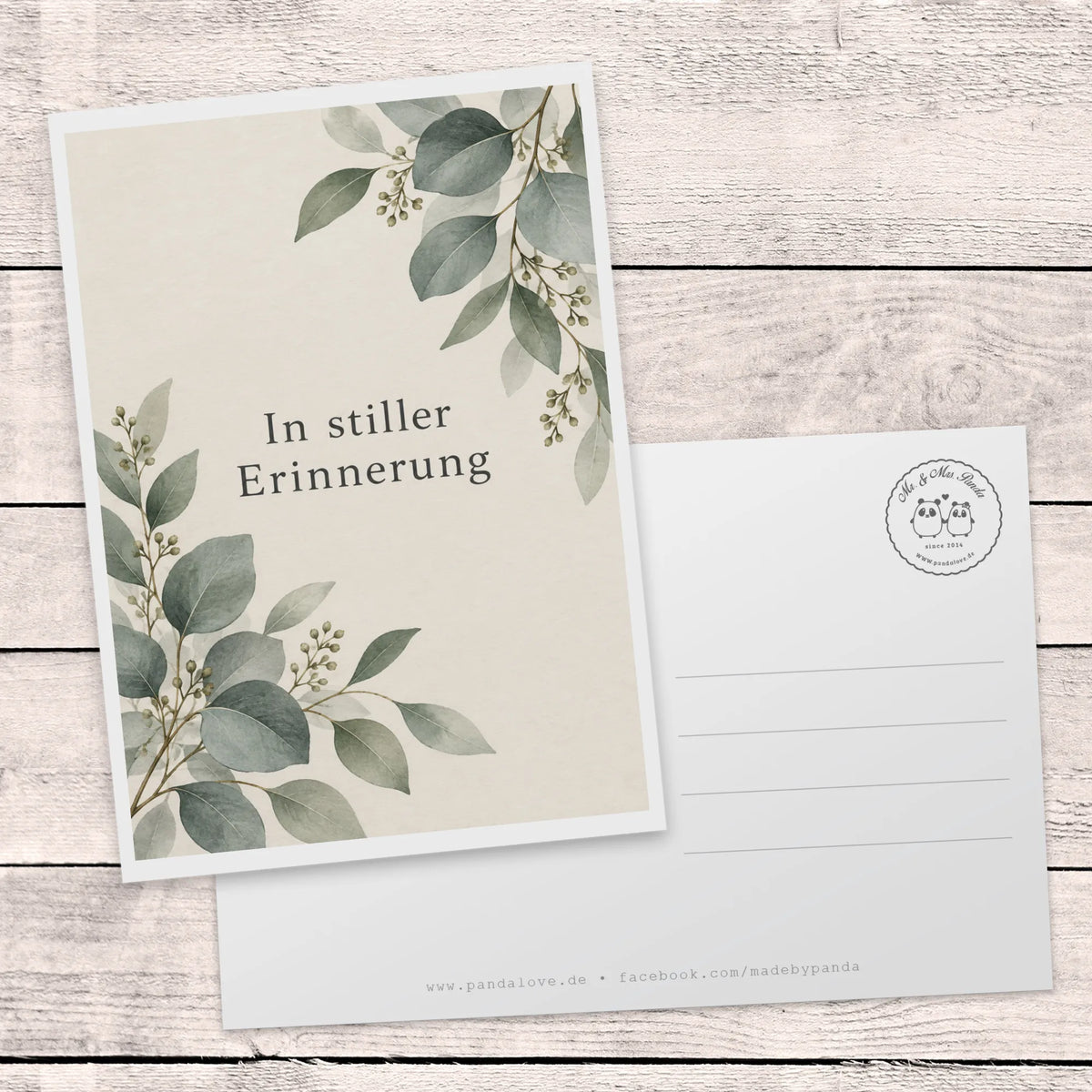 Würdevolle Trauerkarte mit Eukalyptus in stiller Erinnerung