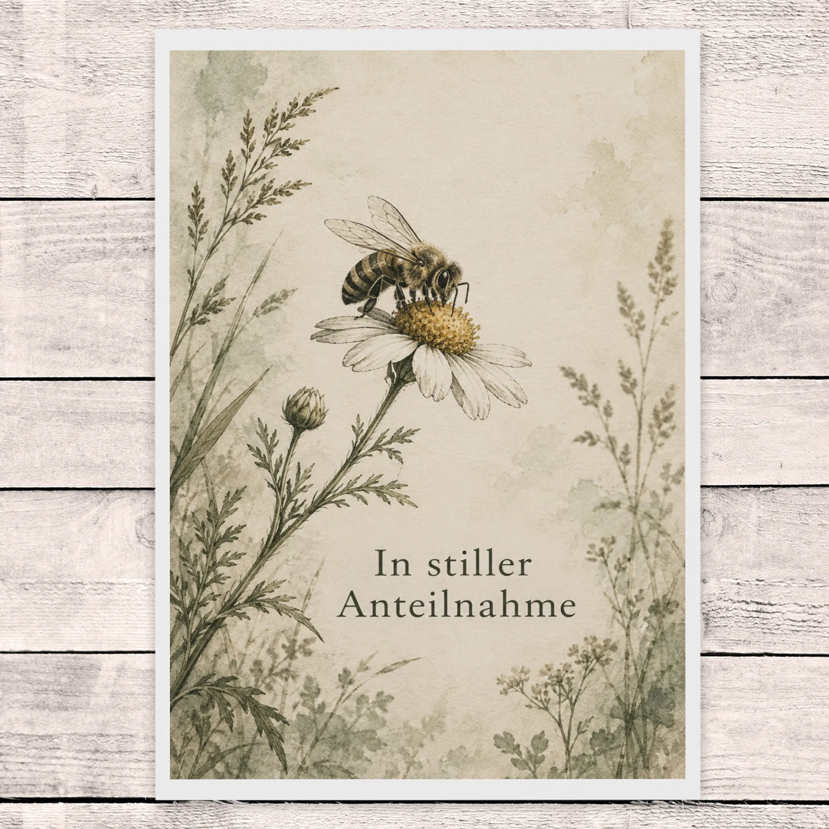 Würdevolle Beileidskarte mit Biene auf Wildblume