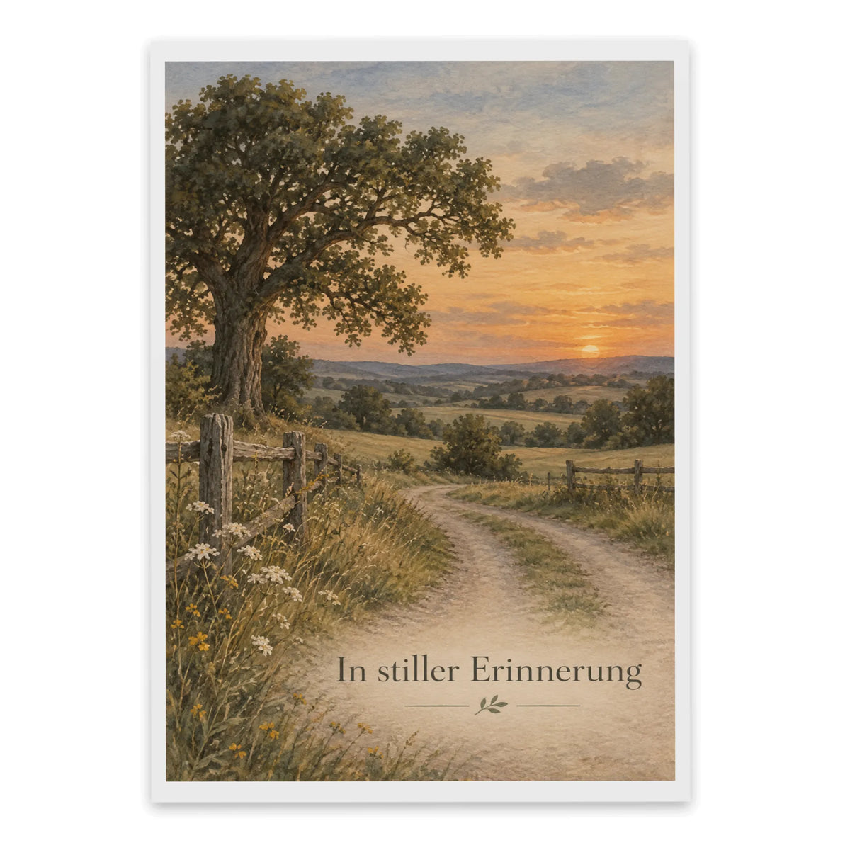 Würdevolle Trauerkarte Country mit Feldweg bei Dämmerung