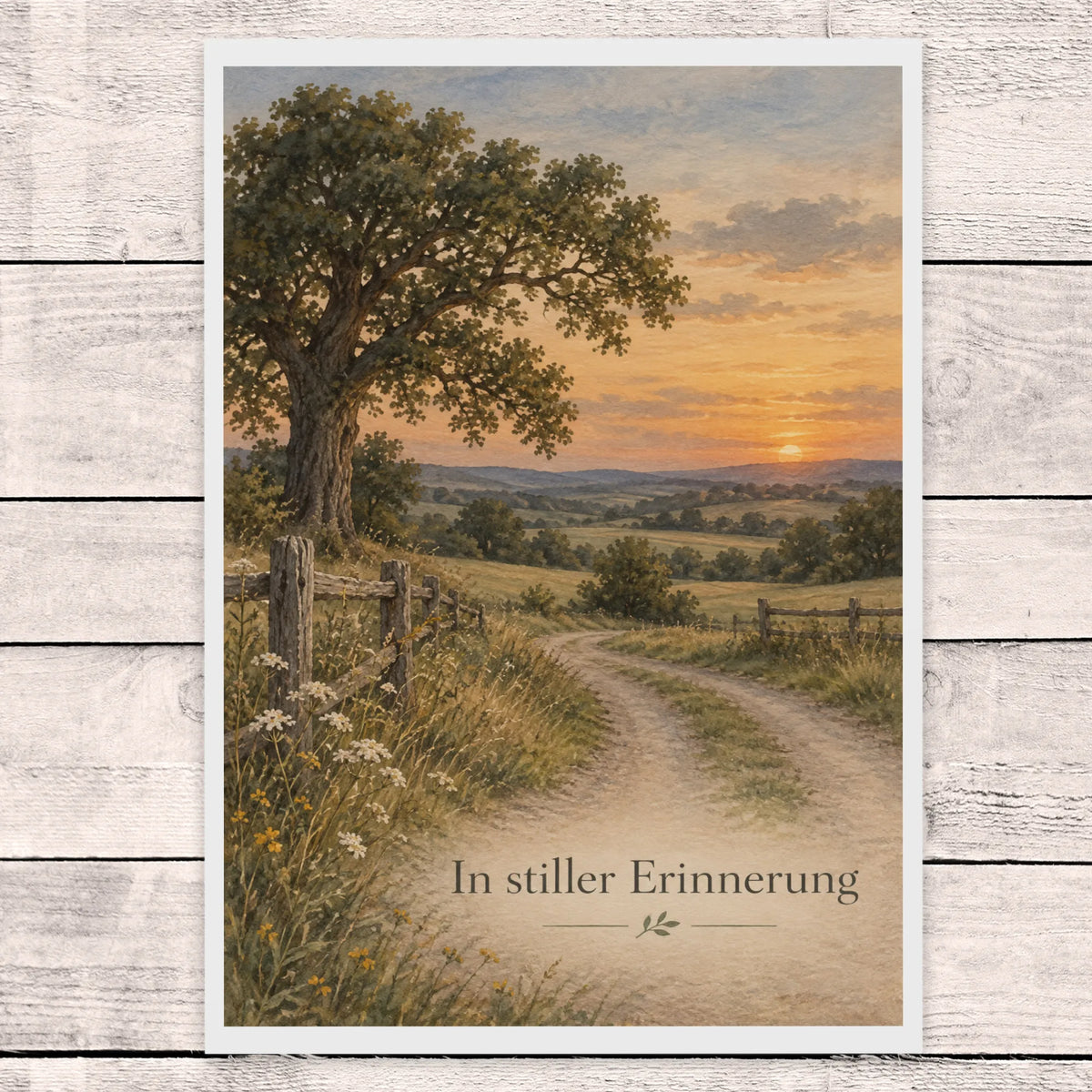 Würdevolle Trauerkarte Country mit Feldweg bei Dämmerung
