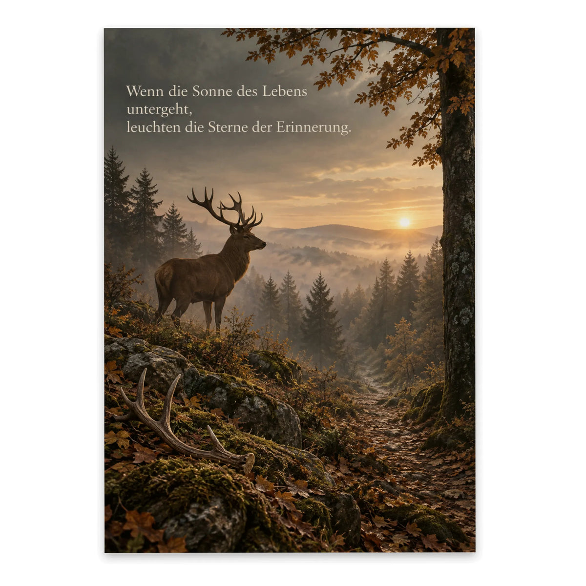 Würdevolle Trauerkarte für Jäger mit Hirsch im Herbstwald
