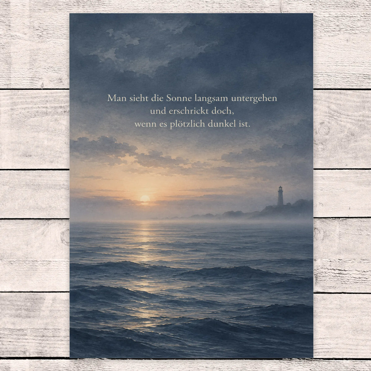 Einfühlsame maritime Kondolenzkarte mit Leuchtturm im Nebel