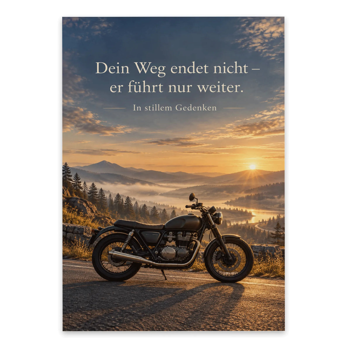Würdevolle Trauerkarte für Motorradfahrer mit Vintage-Motorrad
