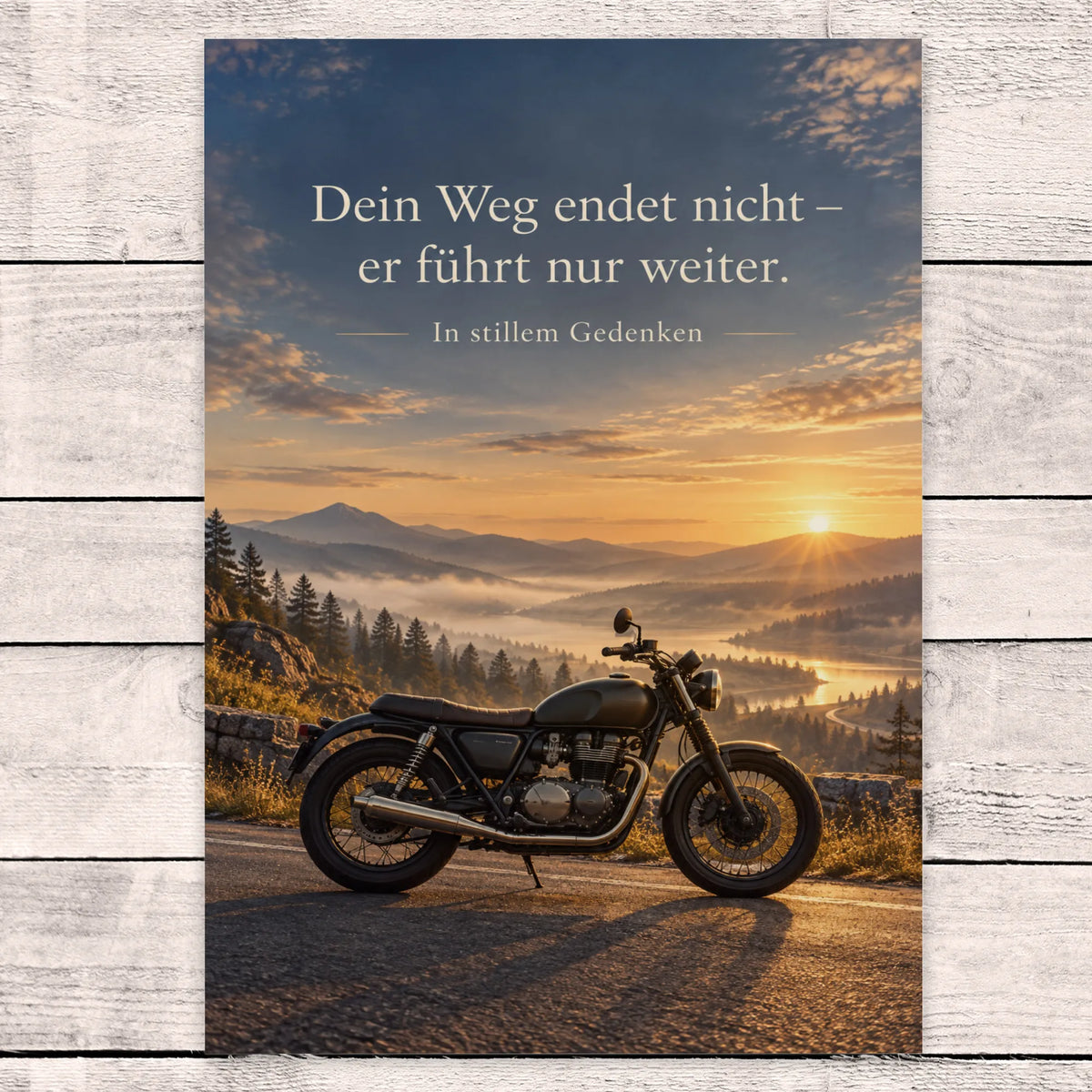Würdevolle Trauerkarte für Motorradfahrer mit Vintage-Motorrad