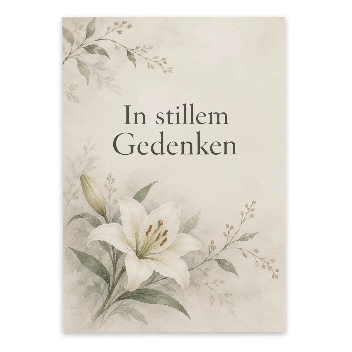 Würdevolle Trauerkarte in stillem Gedenken mit weißer Lilie