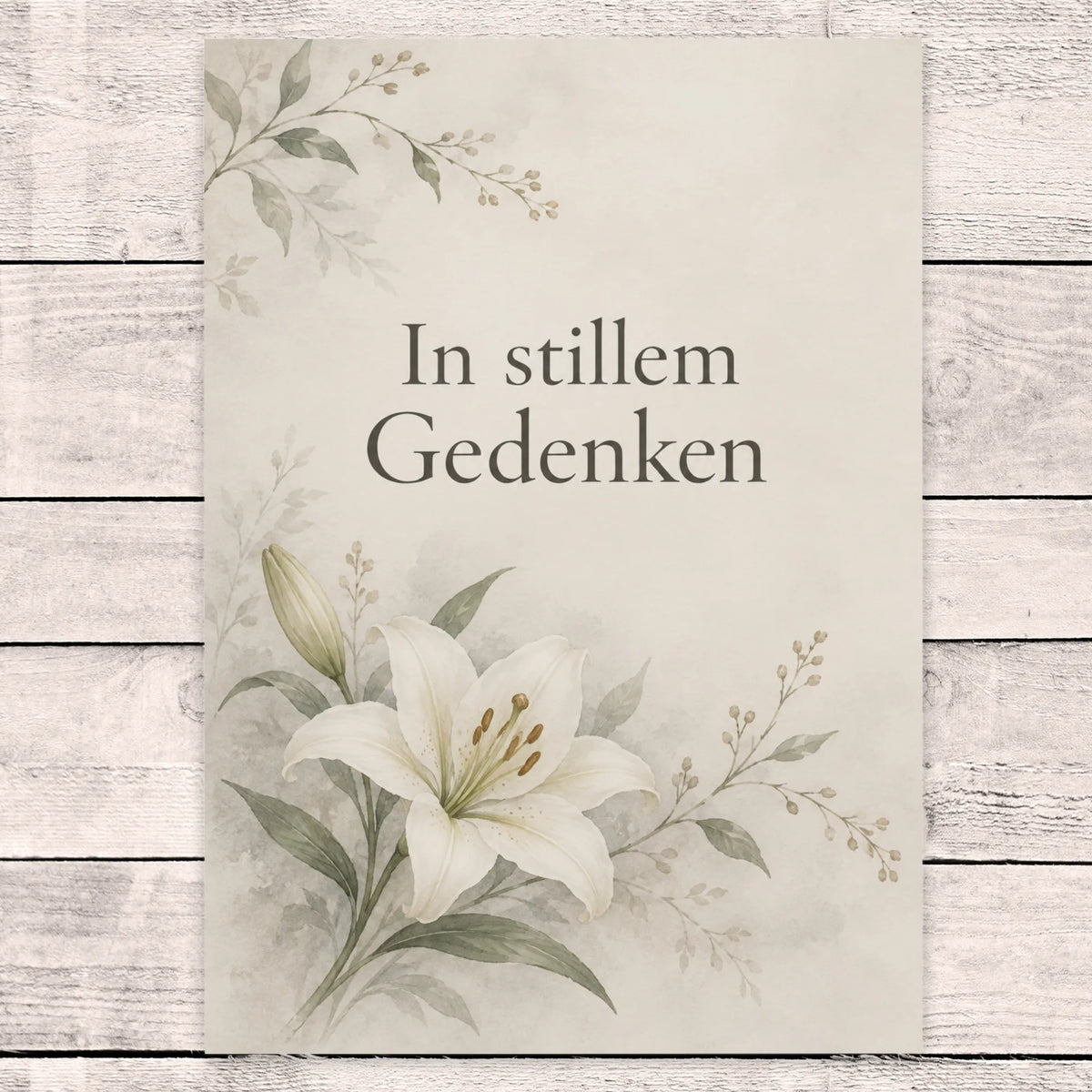 Würdevolle Trauerkarte in stillem Gedenken mit weißer Lilie