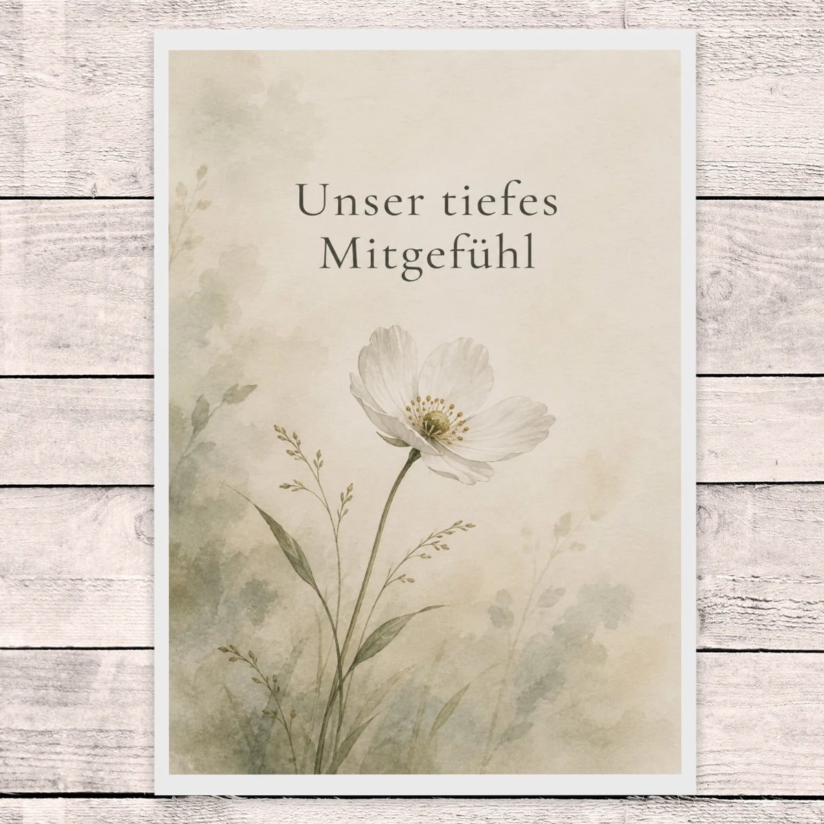 Würdevolle Trauerkarte zum Mitgefühl mit weißer Wildblume