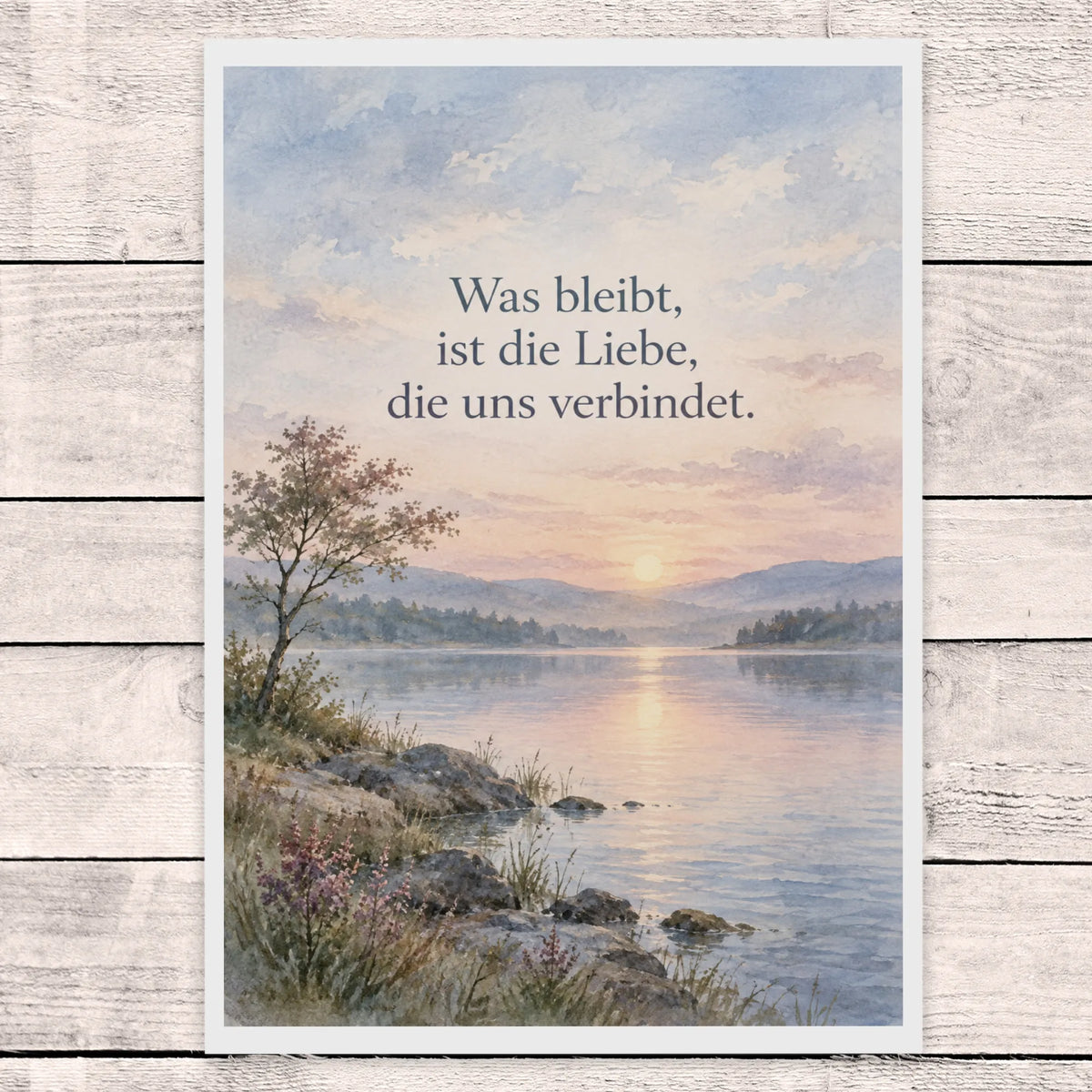 Einfühlsame Trauerkarte zum Abschiednehmen mit Baum am See