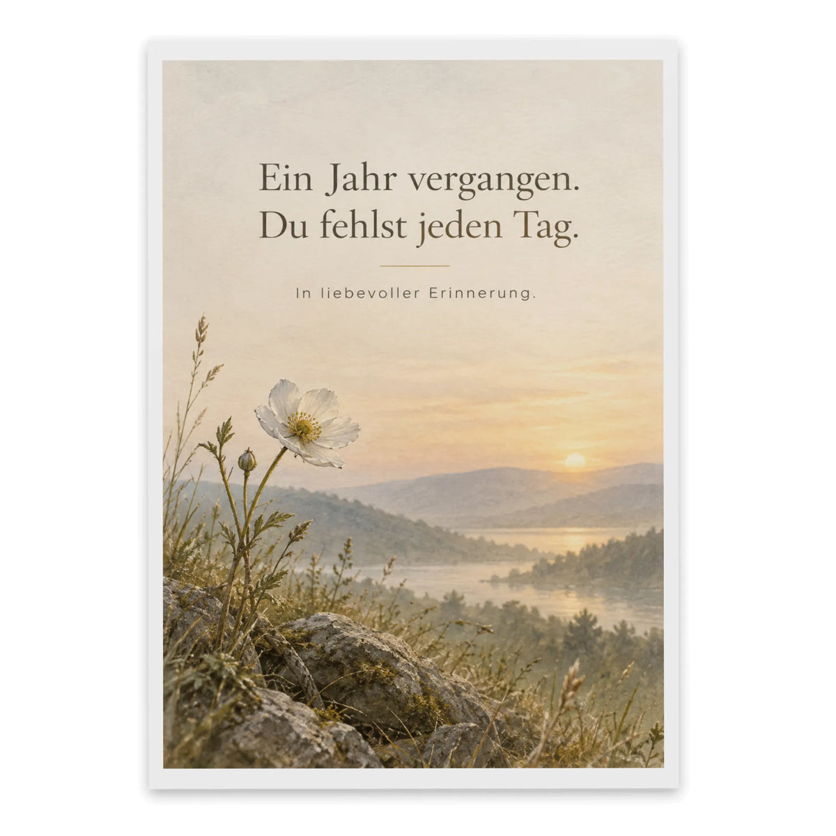 Einfühlsame Trauerkarte zum Jahrestag mit Wildblume
