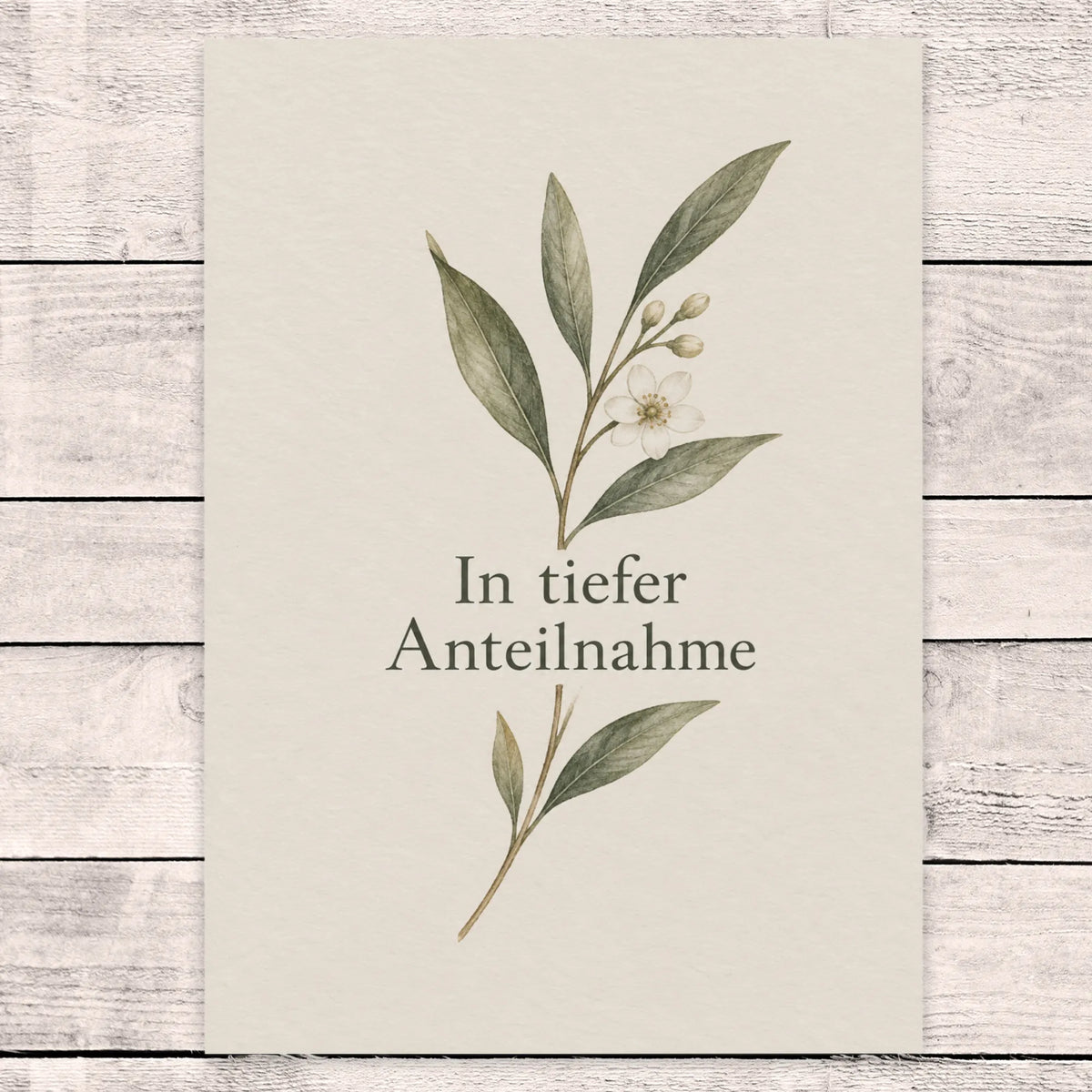 Würdevolle Trauerkarte in tiefer Anteilnahme mit Olivenzweig