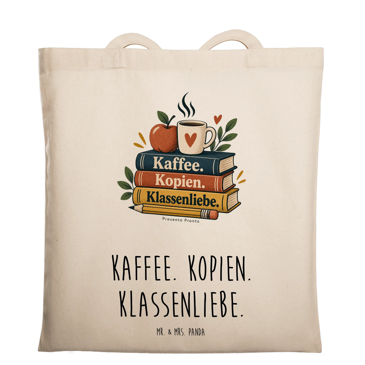 Lustige Tasche für Lehrer mit Büchern Kaffee und Apfel