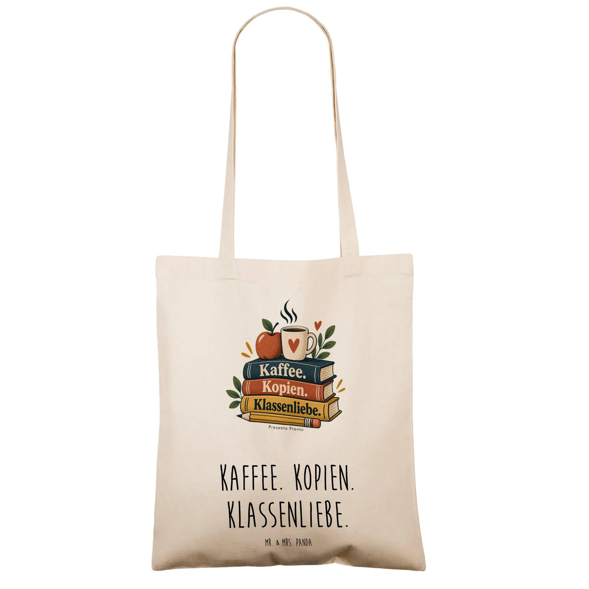 Lustige Tasche für Lehrer mit Büchern Kaffee und Apfel
