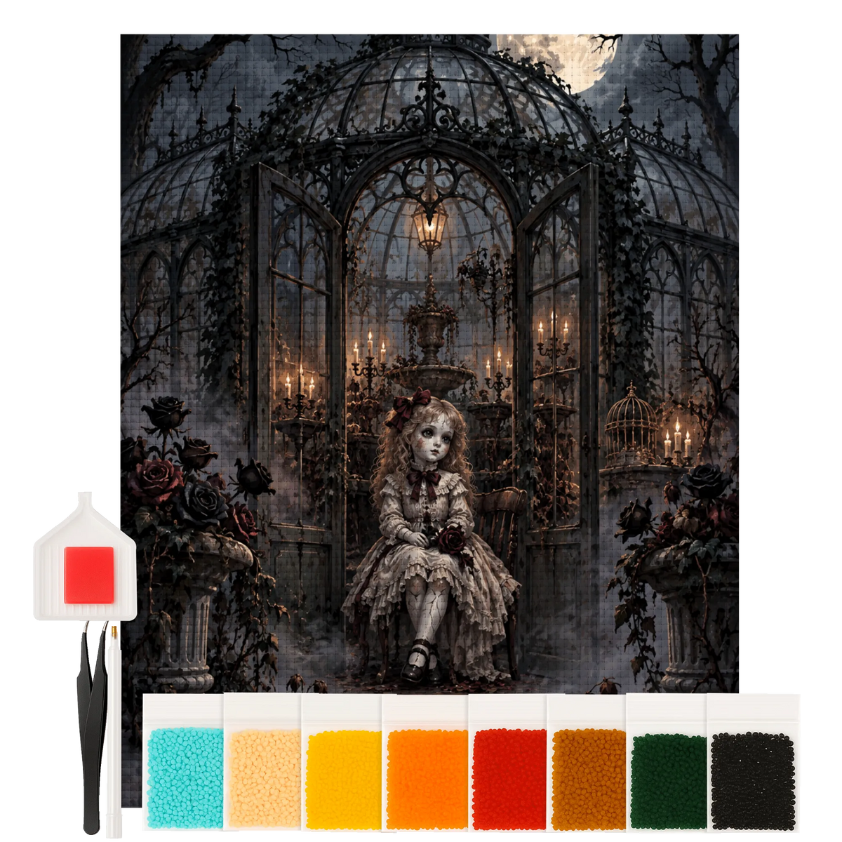 Gruseliges Diamond Painting Horror mit Gewächshaus bei Vollmond