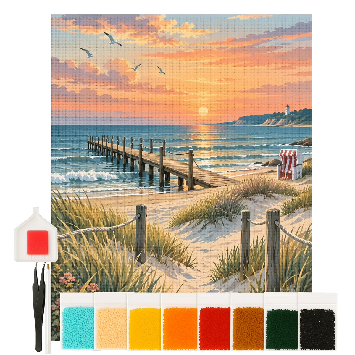 Beruhigendes Diamond Painting von der Ostsee mit Strandhäuschen