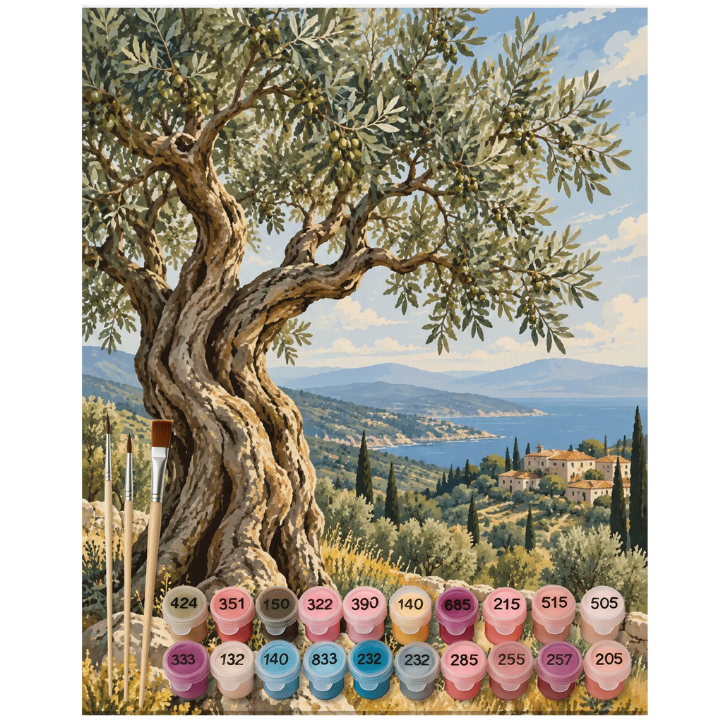 Entspannendes Malen nach Zahlen mit Olivenbaum in mediterraner Landschaft|p:2022677|h:8e3b7e62fdbdb730e78d9fc6bfa3e8d8