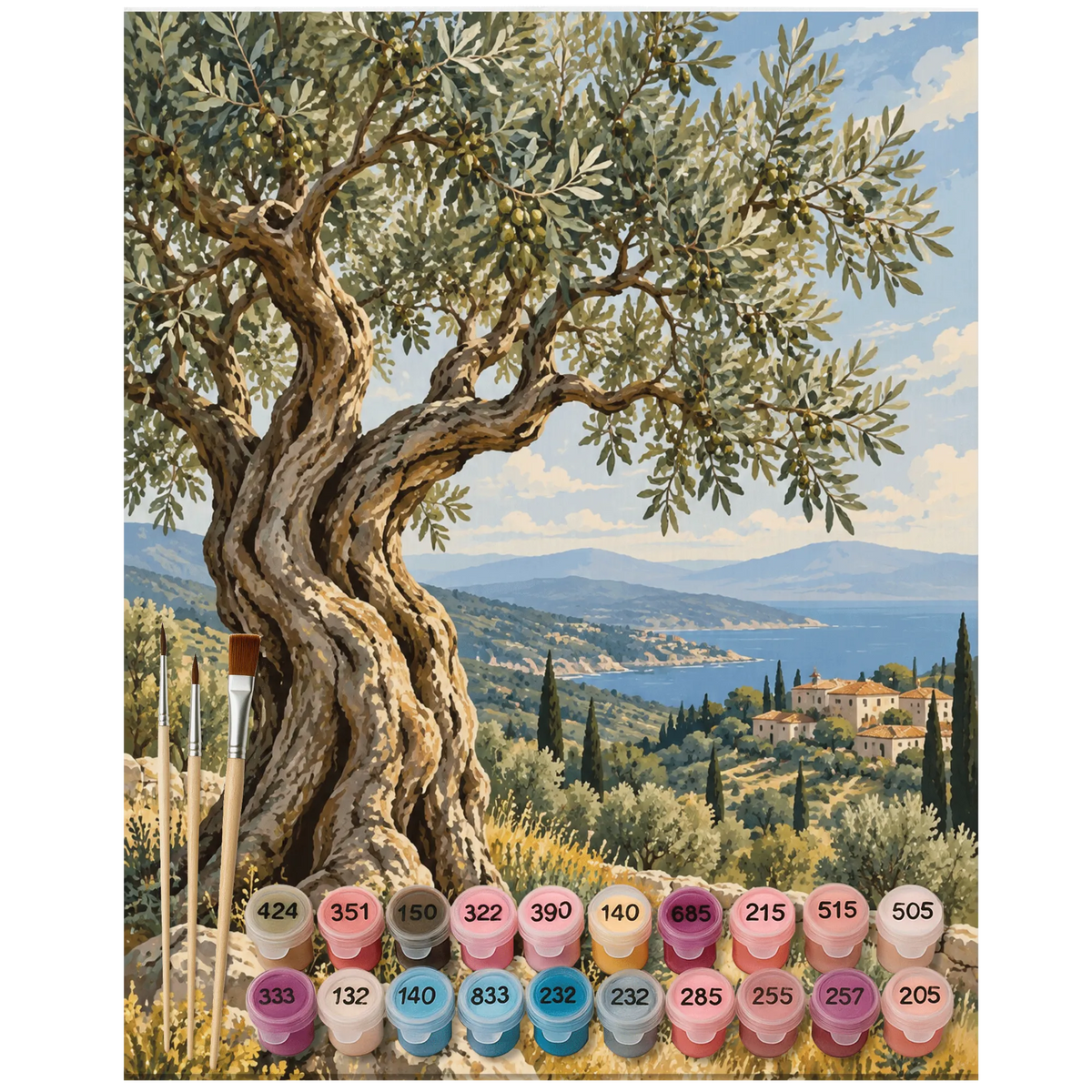 Entspannendes Malen nach Zahlen mit Olivenbaum in mediterraner Landschaft