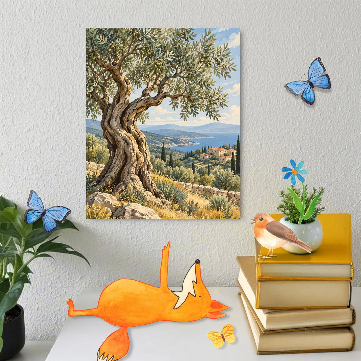 Entspannendes Malen nach Zahlen mit Olivenbaum in mediterraner Landschaft
