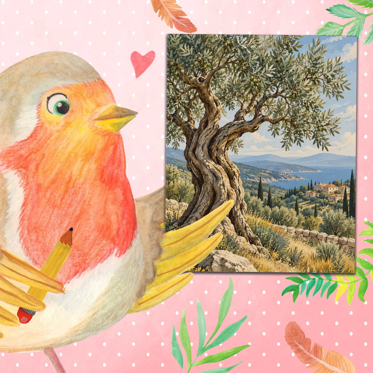 Entspannendes Malen nach Zahlen mit Olivenbaum in mediterraner Landschaft