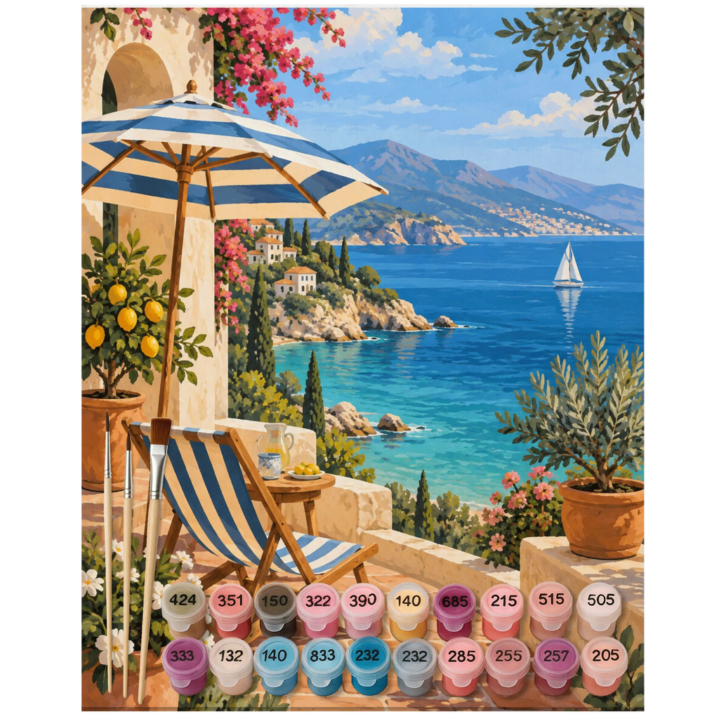 Entspannendes Malen nach Zahlen zum Urlaub mediterrane Bucht|p:2022684|h:f92a85106946d1112fad4d7ba92d9708