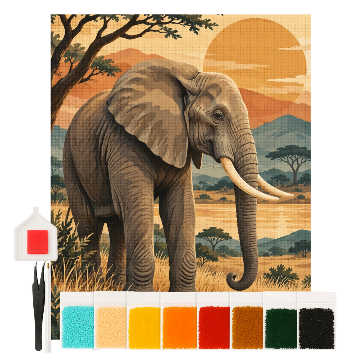 Entspannendes Diamond Painting mit Elefant in Savanne für Tierfreunde