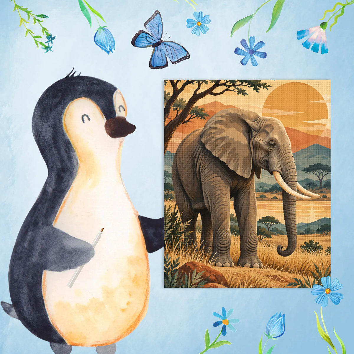 Entspannendes Diamond Painting mit Elefant in Savanne für Tierfreunde