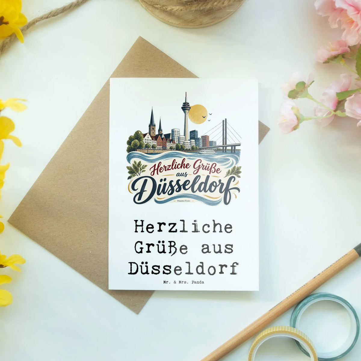 Herzliche Grußkarte aus Düsseldorf für Urlaubsgrüße mit Skyline