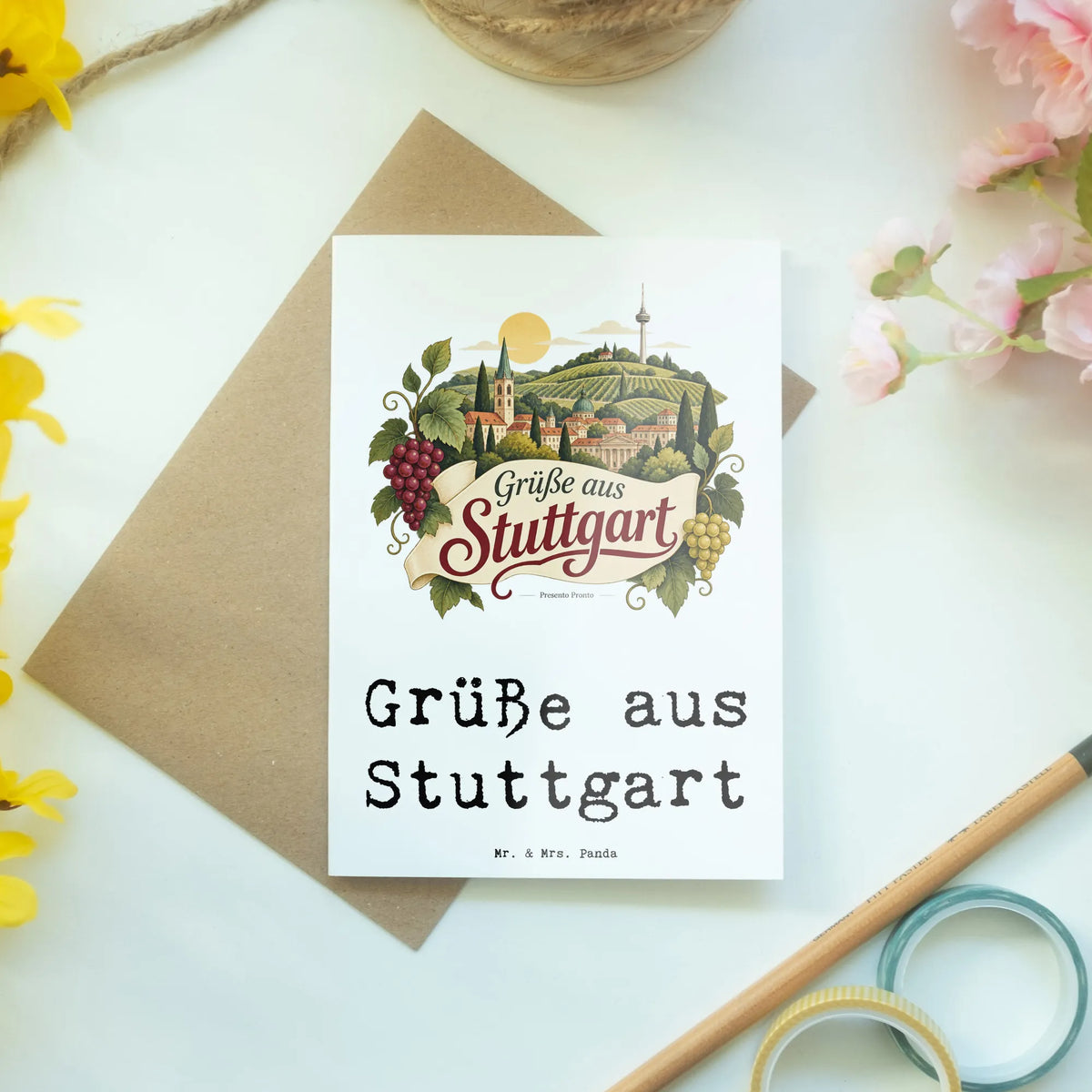 Nostalgische Grußkarte aus Stuttgart mit Weinbergen
