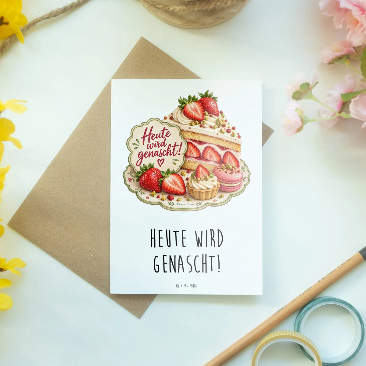 Lustige Karte zum leckeren Essen mit Erdbeerkuchen