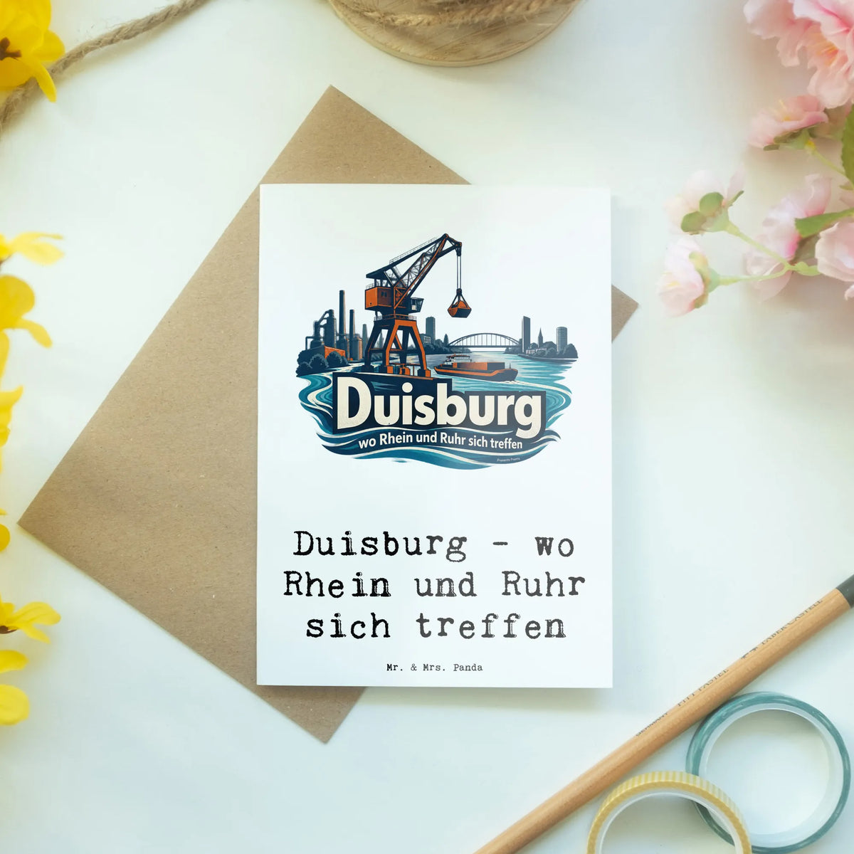 Herzliche Grußkarte aus Duisburg mit Hafen und Frachtkran