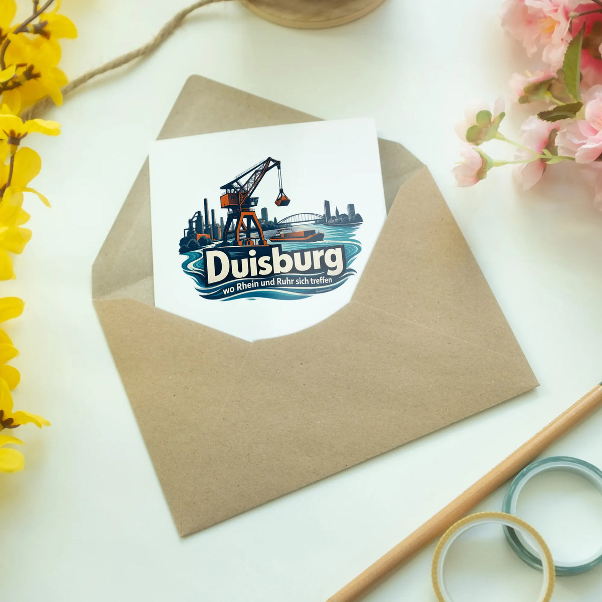 Herzliche Grußkarte aus Duisburg mit Hafen und Frachtkran