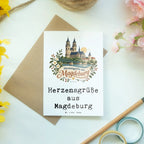 Elegante Grußkarte aus Magdeburg mit Dom|p:2022947|h:06958b432d0c87a1e1ff08d58aeb1f18